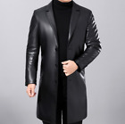 Men Genuine Lambskin Real Leather Long Trench Coat Button Black Classic Jacket