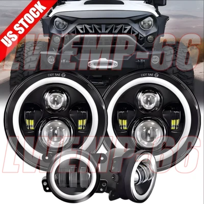 Par de faros LED halo de 7" y kit de luces antiniebla DRL de 4 pulgadas para Ford Wrangler JK LJ TJ Foto 1 de 4