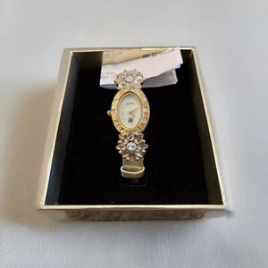 Orologio ELIZABETH TAYLOR WHITE DIAMONDS oro strass floreale nuovo con scatola - Foto 1 di 4