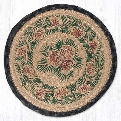 CAPITOL EARTH RUGS Small Pine Cones 10" Round Placemat Trivet Earth Rugs, Braided Jute, Cabin