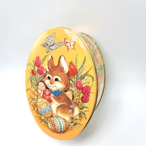 Vintage Then Easter Bunny Caramelo Lata Primavera Tulipanes Huevos Inglaterra Naranja Ovalado 6" - Imagen 1 de 11
