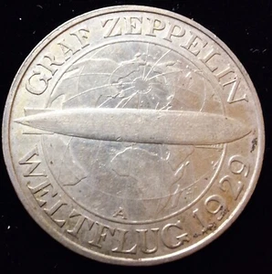 Germany - Weimar Republic 1930 3 Reichsmark Silver Coin, Graf Zepplin, Scarce. - Picture 1 of 2