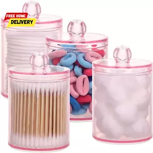 4Pcs Qtips Holder Bathroom Container, 10OZ Apothecary Jar,Pink Cotton Ball/Swabs - Picture 1 of 12