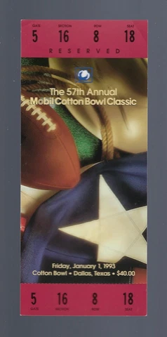 JEROME BETTIS 1992-1993 NCAA COTTON BOWL FULL FOOTBALL TICKET - NOTRE DAME IRISH Cover