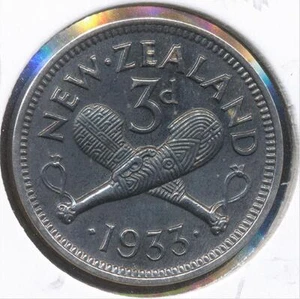 New Zealand 1933 Threepence 3d George V - almost Uncirculated - Picture 1 of 3