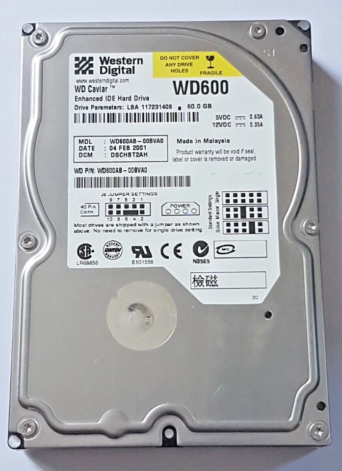 60 GB Ide Western Digital WD600AB-00BVA0 P-Ata 5400rpm 2MB HDD 3.5 " Hard Drive - Image 1 of 1