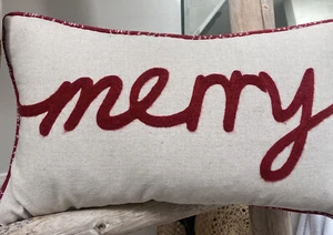 VTG. STOREHOUSE Rectangular Throw Pillow 11x19 Embroidered Down Fill "Merry" - Picture 1 of 4