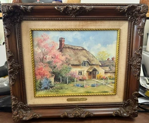 VTG 1990 Marty Bell Bryants Puddle Thatch Print Canvas Painting Signed Framed - Picture 1 of 5