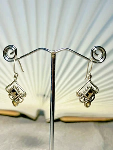 STERLING SILVER GARNET AND CITRENE DROP EARRINGS - 1.5" LONG - Picture 1 of 3