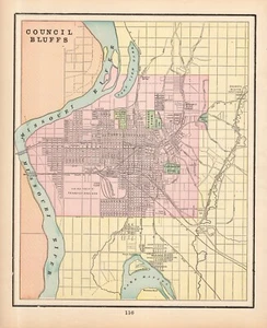 1898 Antique COUNCIL BLUFFS Map of Council Bluffs Iowa George Cram Atlas 1411 - Picture 1 of 3