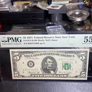 💎 1974 $5 Federal Reserve Note Fr 1973-B PMG 55 - Picture 1 of 6