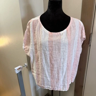 C&C California Stripe Pink White Button Back 100% Linen Blouse Cap Sleeve Shirt - Image 1 of 4
