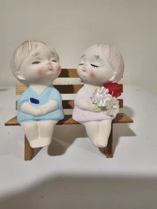 Vintage Boy & Girl On Bench Salt and Pepper Shakers 4" Japan - Picture 1 of 6