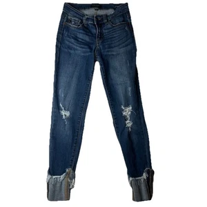 Pantalones de mezclilla Judy azul ajustados 3/26 azules desgastados informales dobladillo abatido - Imagen 1 de 11
