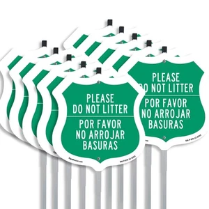Please Do Not Litter Bilingual English / Spanish Shield Shaped Sign With Stake - Picture 1 of 14