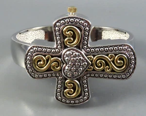 GENEVA Silver w/Gold BANGLE WRIST WATCH Big Cross w/Heart COVERED DIAL Christian - Picture 1 of 5