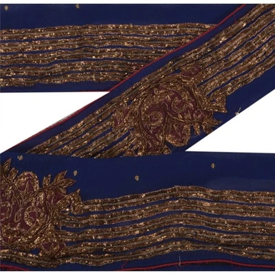 Sanskriti Vintage 1 YD Sari Borde Cuentas a Mano Dabka Borde Azul Artesanal Encaje 3.5"W Foto 1 de 4