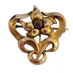 04K36 ANCIENNE BROCHE ART NOUVEAU GRENAT RUBIS BIJOU 1900 PLAQUE OR FIX - Photo 1 sur 5