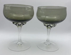SET of 2 SASAKI Smokey Gray Twisted Stem Champagne Sherbert Glasses Goblets 5" - Picture 1 of 6