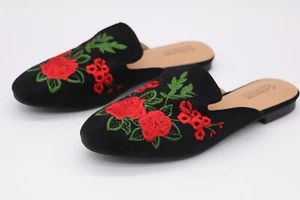 CATHERINE MALANDRINO LOYSTER BLACK SUEDE LOAFERS MULES EMBROIDERED RED ROSE SHOE - Picture 1 of 3