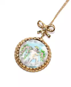 RARE Vtg 800 SILVER Gilt *HAND PAINTED CHERUB*Jeweled PENDANT Necklace ON SALE!! - Picture 1 of 6