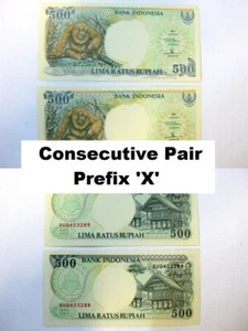 Set Indonesia 500 Rupiah 1992 Banknote Paper (2x 500 Rph) Prefix X Orang Utan - Picture 1 of 3