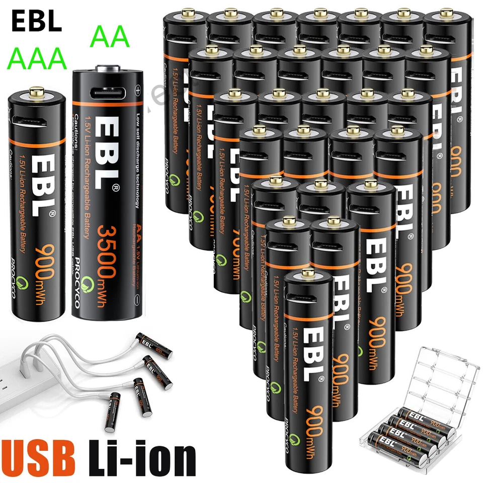 EBL 1.5V AAA AA Batteries USB Rechargeable Charging By USB Li-ion  w/ Cable Lot - Image 1 of 4
