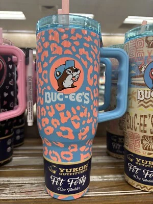 Buc-ees Pink/Blue Leopard Print W/Beaver Logo Fit Forty Tumbler W/Handle, Lid