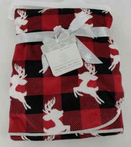 Christmas Reindeer  Baby Blanket  30" x 40" Minky and Plush Buffalo Plaid NWT - Picture 1 of 6