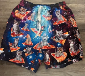 Galaxy Space Cat On Pizza Blue Swim Trunks Board Shorts - Size 18 - Picture 1 of 6