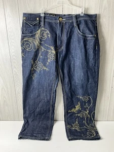 Y2K Embroidered Imperious Delf Trading Co Jeans Gold Filigree Size 40x32 - Picture 1 of 16