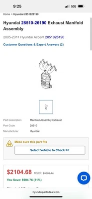 Conjunto de colector de escape genuino OEM 28510-26190 2005-2011 Hyundai Accent Foto 1 de 2