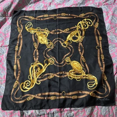 oscar de la renta 30x30 Vintage 100% Silk Scarf Japan Black Equestrian Motif EUC - Image 1 of 4