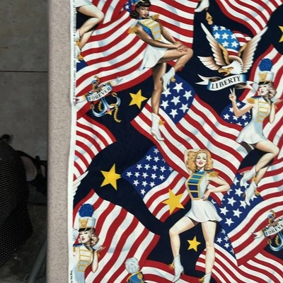 Alexander Henry Yd Fabric Blue Long May She Wave Majorete Eagle Flag Pinup Girls - Image 1 of 4