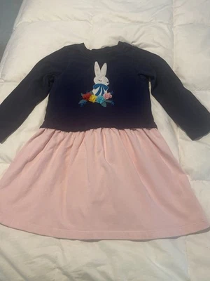 HANNA ANDERSSON ДЕВОЧЕК ПЛАТЬЕ РАЗМЕР 6 ТЕМНО-СИНИЙ И РОЗОВЫЙ С КРОЛИКОМ И ЦВЕТОЧНЫЕ АППЛИКАЦИИ - Изображение 1 из 4