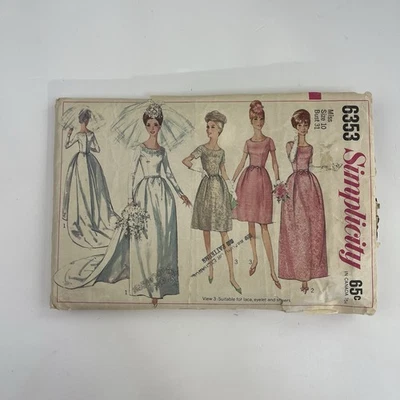 Wedding Dress Size 10 B31 Vtg 60s CUT Pattern 6353 Detachable Train Bridesmaid  - Image 1 of 2