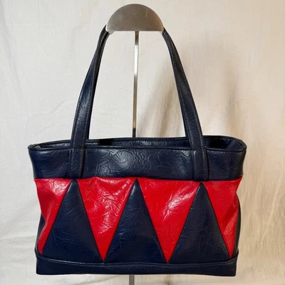 Bolso de Mano Vintage Años 70 80 Vinilo Rojo Azul Marino Geométrico Mod Retro Cartera de Hombro Foto 1 de 4