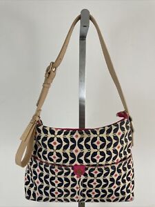 SPARTINA 449 Beige/Black/Pink Geometric Print Canvas Shoulder Bag W/Leather Trim