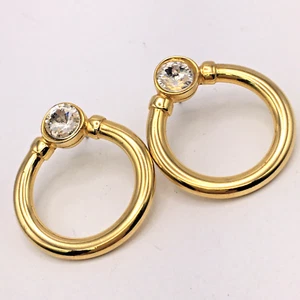 Vintage Clear Rivoli Crystal Gold Tone Door Knocker Look Earrings Pierced - Picture 1 of 4