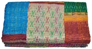 Silk Patola Patchwork Indian Handmade Queen Cotton Kantha Quilt Throw Bedspread - Picture 1 of 5