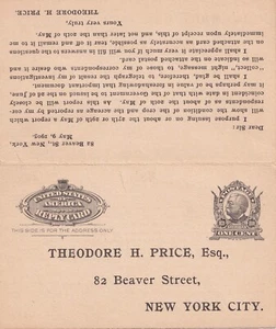 USA 1905 REPLY POSTAL CARD NEW YORK THEODORE H. PRICE 1 CENT NEW MINT - Picture 1 of 2