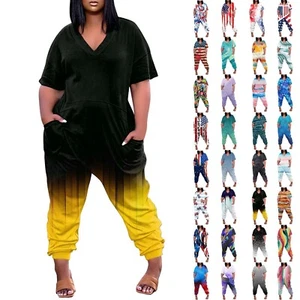 Plus Size Jumpsuits Women V-Neck Short Sleeve Long Pants Overall with Pockets - Picture 1 of 58