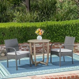 Jerica Outdoor 3 Piece Wood and Wicker Bistro Set, Gray and Gray - Picture 1 of 12