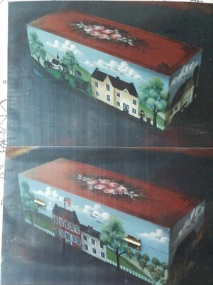 RUTH DOLSEN 1984 RECIPE BOX VILLAGE LANDSCAPE PRIMITIVE PAINTING PATTERN 162 - Image 1 of 3