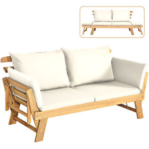 Patio Convertible Sofa Daybed Solid Wood Adjustable Furni Thick Cushion White