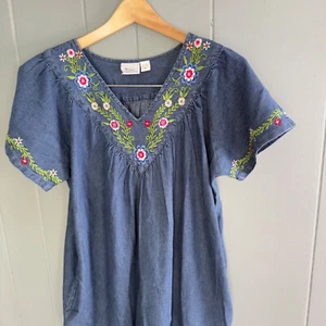 Vintage Embroidered Denim House Dress XS Prairie Cottagecore Soft Girl India - Picture 1 of 8