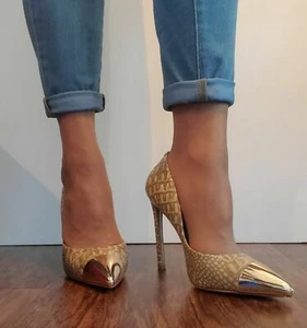 NEW Yevrah Womens Marlen TAN CROC PUMP/GOLD CAP-Made in Brazil Size 38.5EUR - Picture 1 of 6