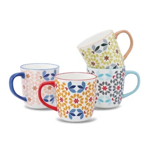 Floral Pattern Coffee/Tea Mugs, Bone China Tea Cups Colored Handles, Set of 4 - Picture 1 of 5