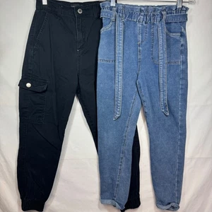 Girls 2 Pair Bundle Denim Paper Bag Waist Pants Blue Jeans Epic Thread Kids Sz M - Picture 1 of 18