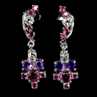 925 Orecchini Argento Sterling Rotondo Rodolite 4.5mm Ametista Acquamarina Gemma - Immagine 1 di 4